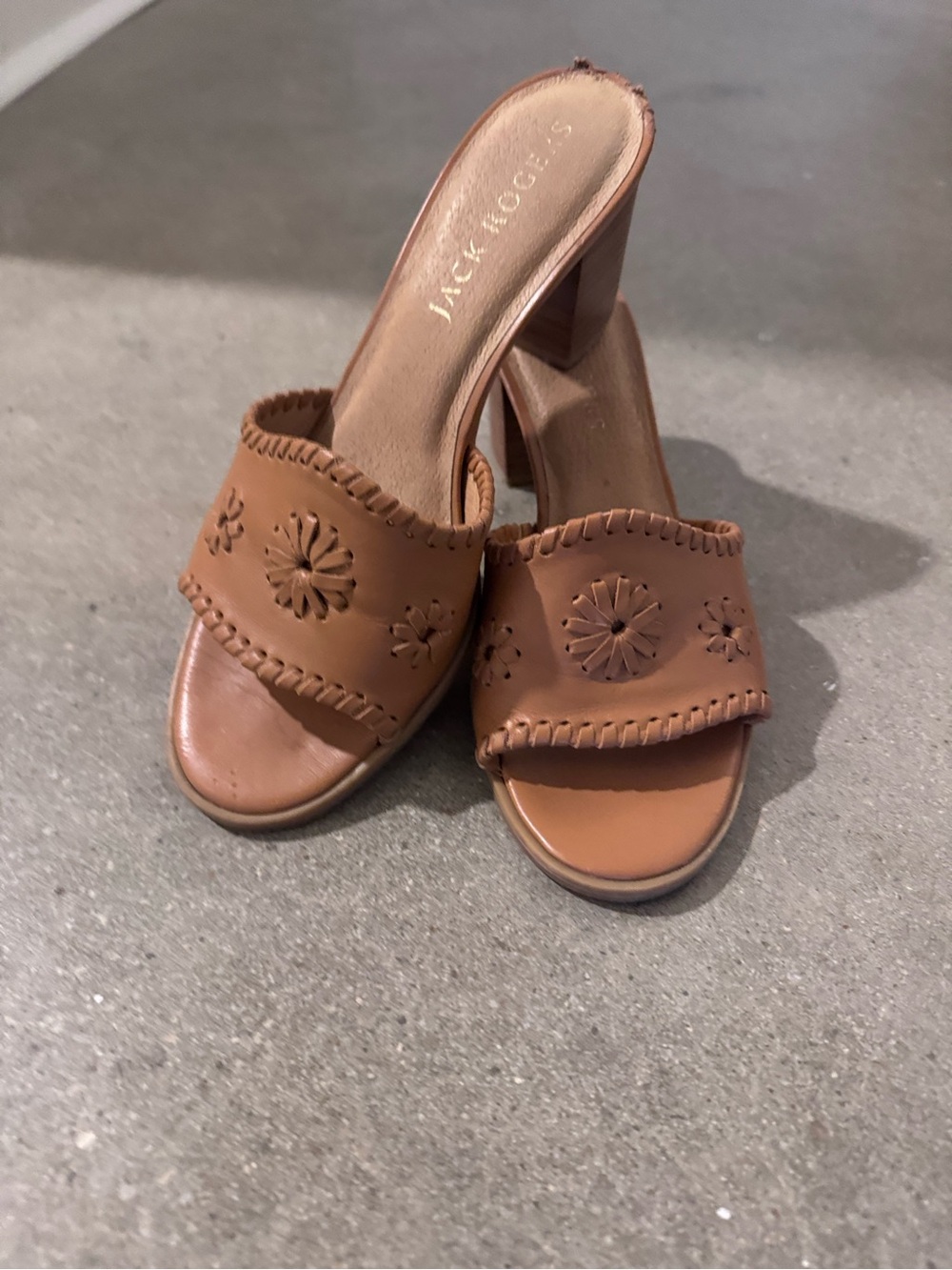 Jack Rogers Tan Leather Heeled Mules with Whipstitch & Cutout Motif